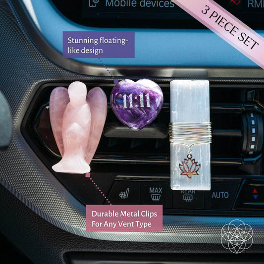 Car crystal accessory set with rose quartz angel, amethyst heart, and metal vent clips