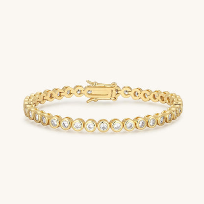 Gold filled tennis bracelet with round diamond bezel links and spring clasp