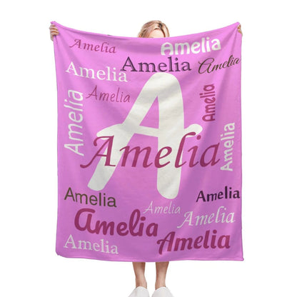 Your Letter and Name - Personalized Name Blanket: Pink & White Flannel Fleece Throw - Dream Dragons
