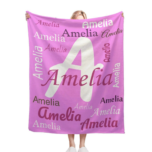 Your Letter and Name - Personalized Name Blanket: Pink & White Flannel Fleece Throw - Dream Dragons