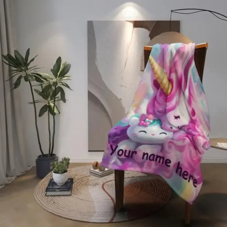 Personalized Unicorn Hello Kitty Fleece Blanket: Custom Name Throw - Dream Dragons