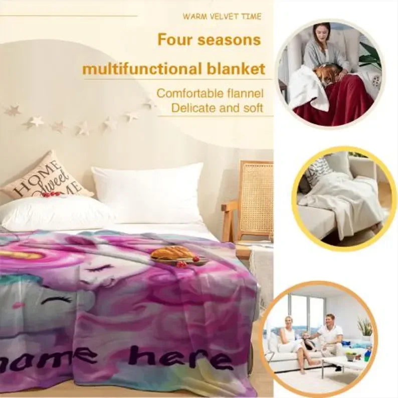 Personalized Unicorn Hello Kitty Fleece Blanket: Custom Name Throw - Dream Dragons