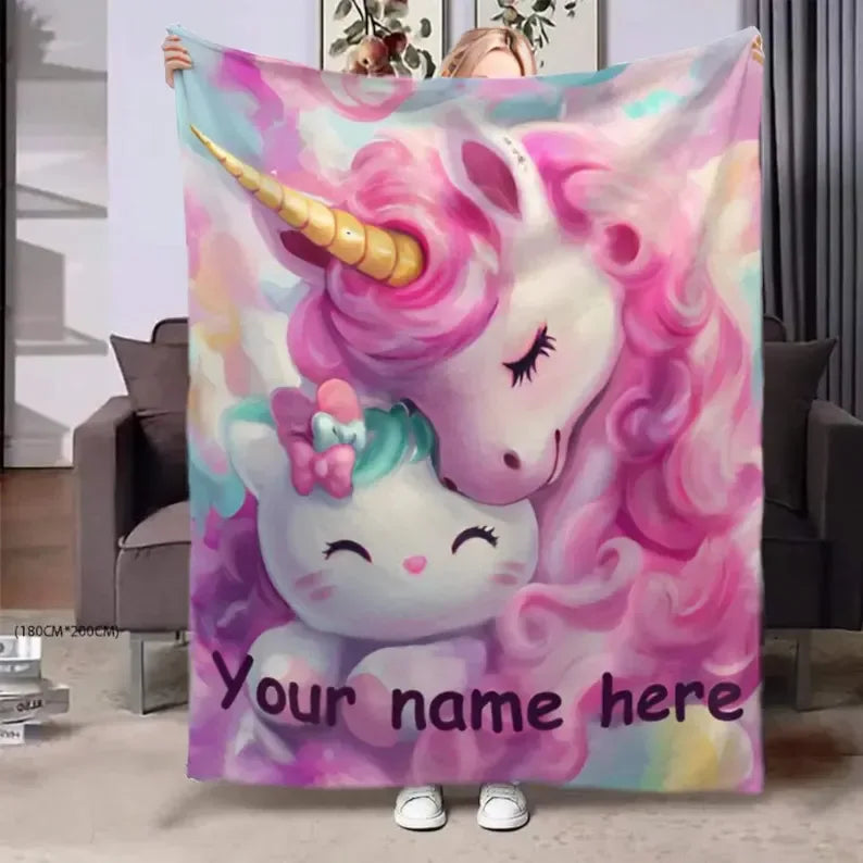 Personalized Unicorn Hello Kitty Fleece Blanket: Custom Name Throw - Dream Dragons