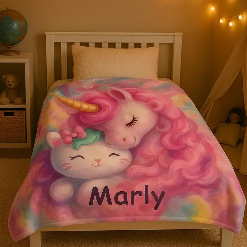 Personalized Unicorn Hello Kitty Fleece Blanket: Custom Name Throw - Dream Dragons