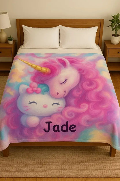 Personalized Unicorn Hello Kitty Fleece Blanket: Custom Name Throw - Dream Dragons