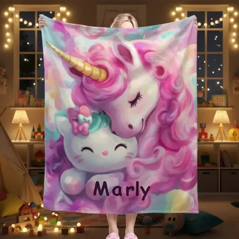 Personalized Unicorn Hello Kitty Fleece Blanket: Custom Name Throw - Dream Dragons