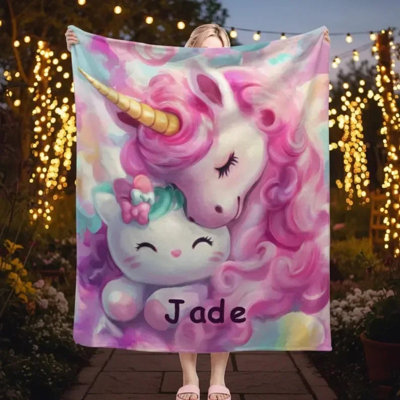 Personalized Unicorn Hello Kitty Fleece Blanket: Custom Name Throw - Dream Dragons
