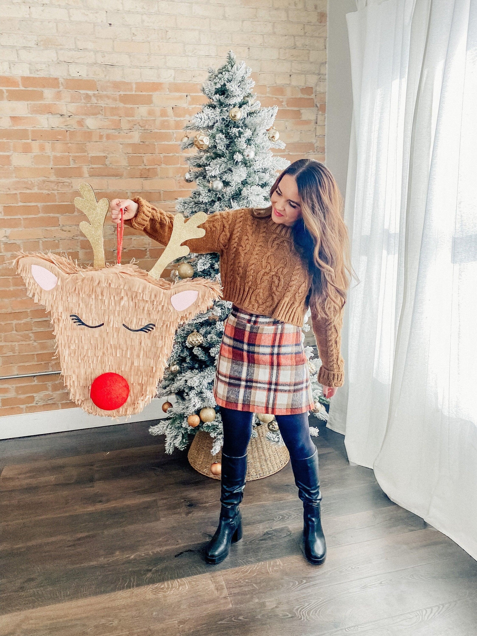 Rudolph reindeer piñata with red nose, fringe body and antlers, candy holder decoration