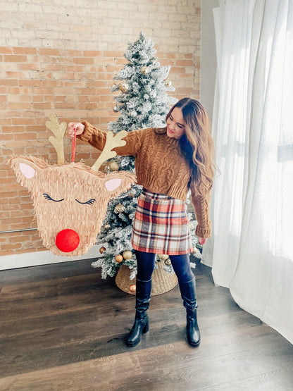 Rudolph reindeer piñata with red nose, fringe body and antlers, candy holder decoration