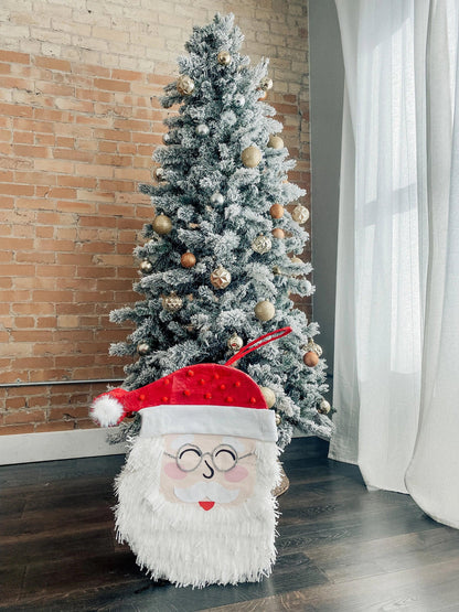 Santa Claus piñata decoration, white shag beard, round glasses, red velvet hat