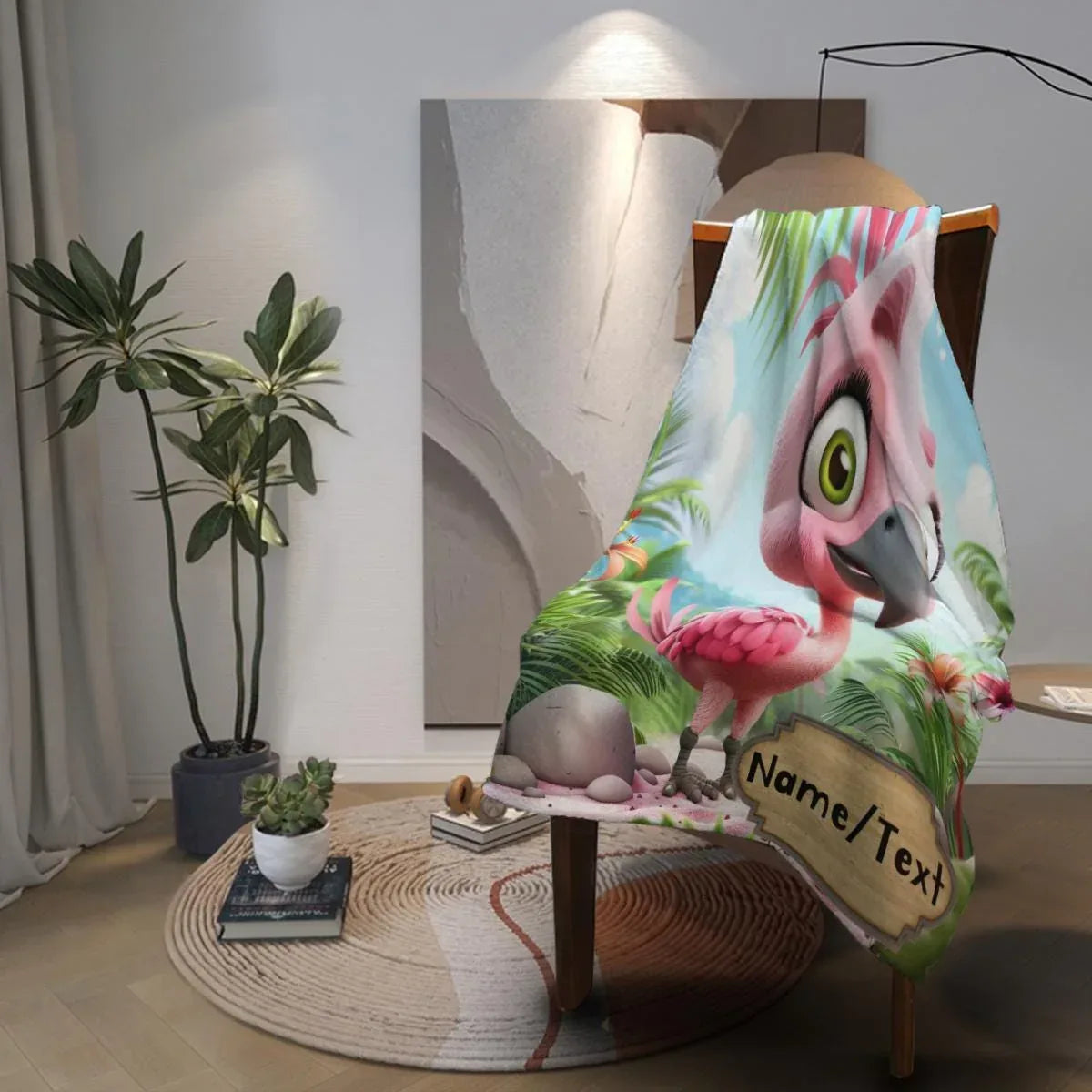 Personalized Flamingo Blanket, Cartoon Bird: Super Soft Name Gift, Pink and Green Bedroom Throw - Dream Dragons