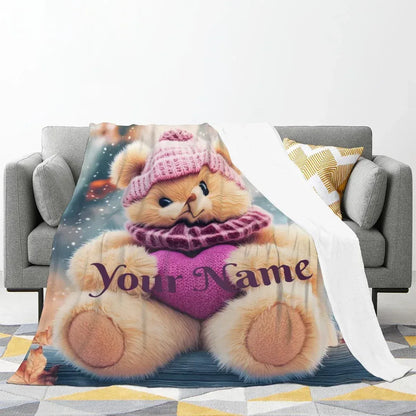 Personalized Snow Teddy Bear Plush Blanket: Flannel Fleece Snuggle Throw, Super Soft Name Gift - Dream Dragons