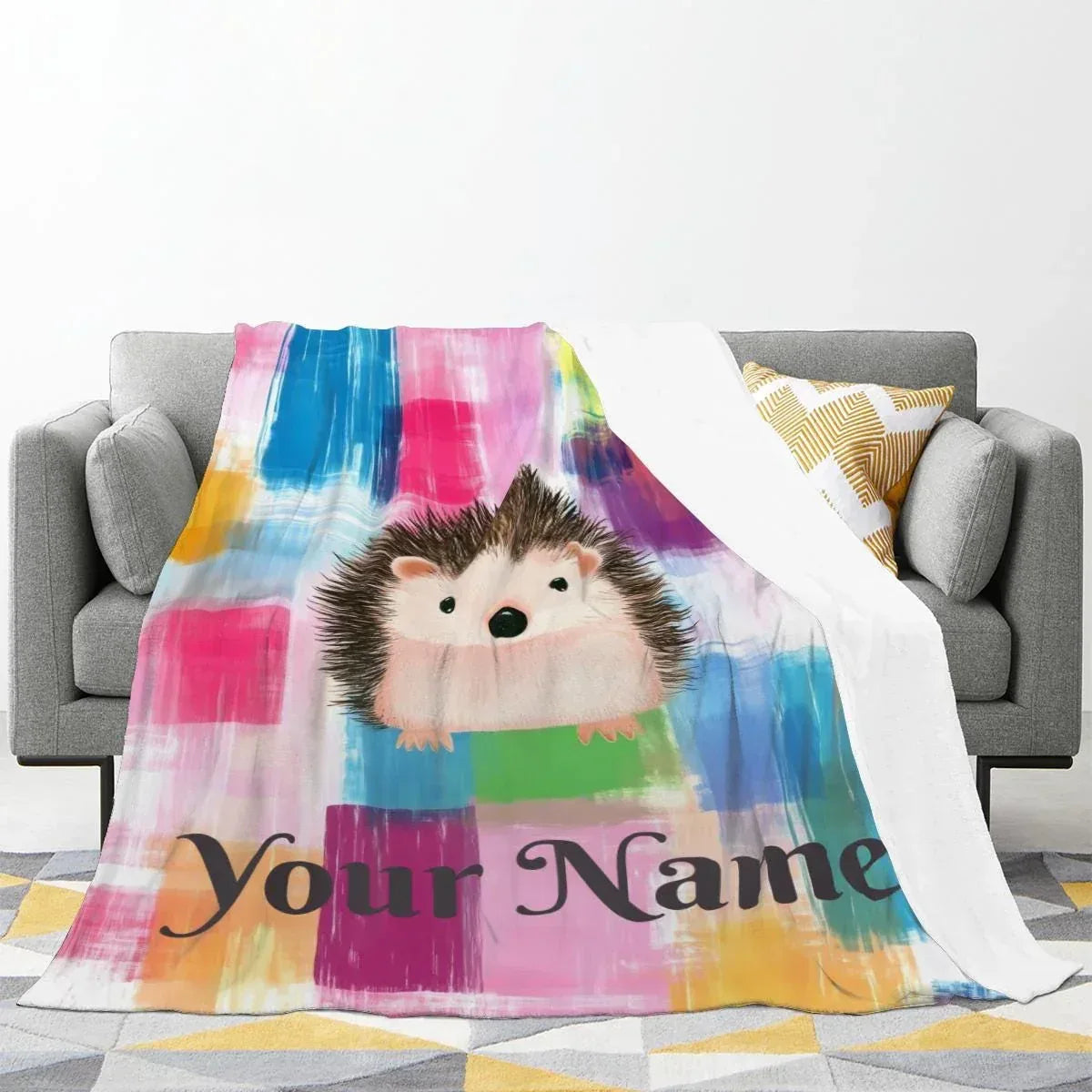 Personalized Hedgehog Blanket: Whimsical Plaid, Cosy Throw, Super Soft Name Gift - Dream Dragons