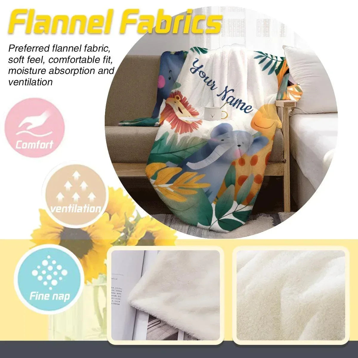 Personalized Safari Animal Blanket: Jungle Lion Elephant Giraffe Flannel Fleece Throw, Soft Name Gift - Dream Dragons