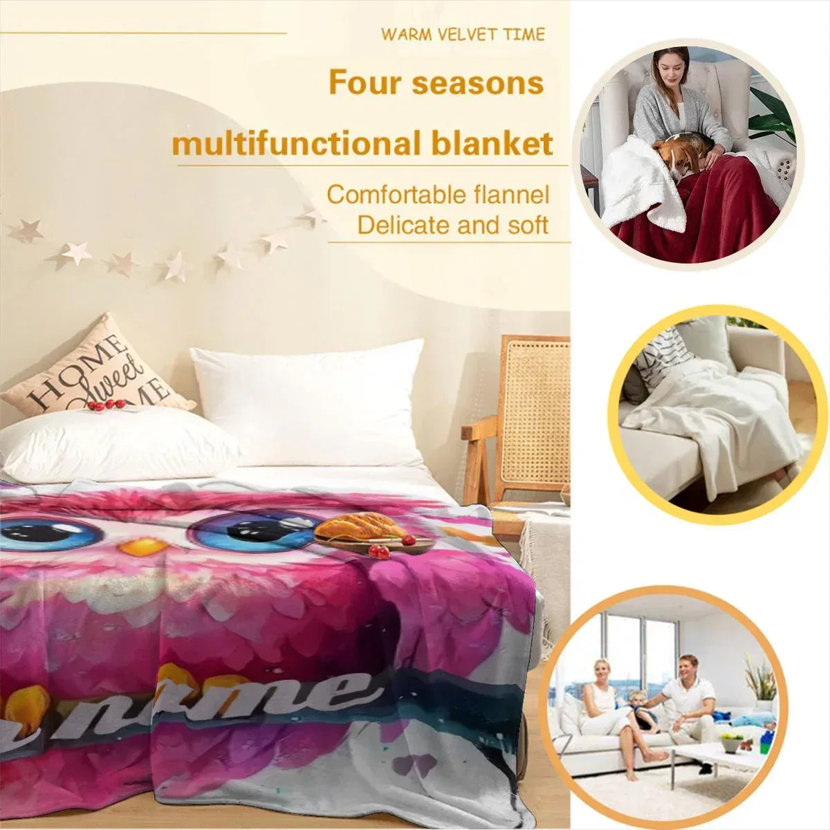 Personalized Pink Owl Bird Blanket: Flannel Fleece Throw, Super Soft Bedding Sofa Name Gift - Dream Dragons