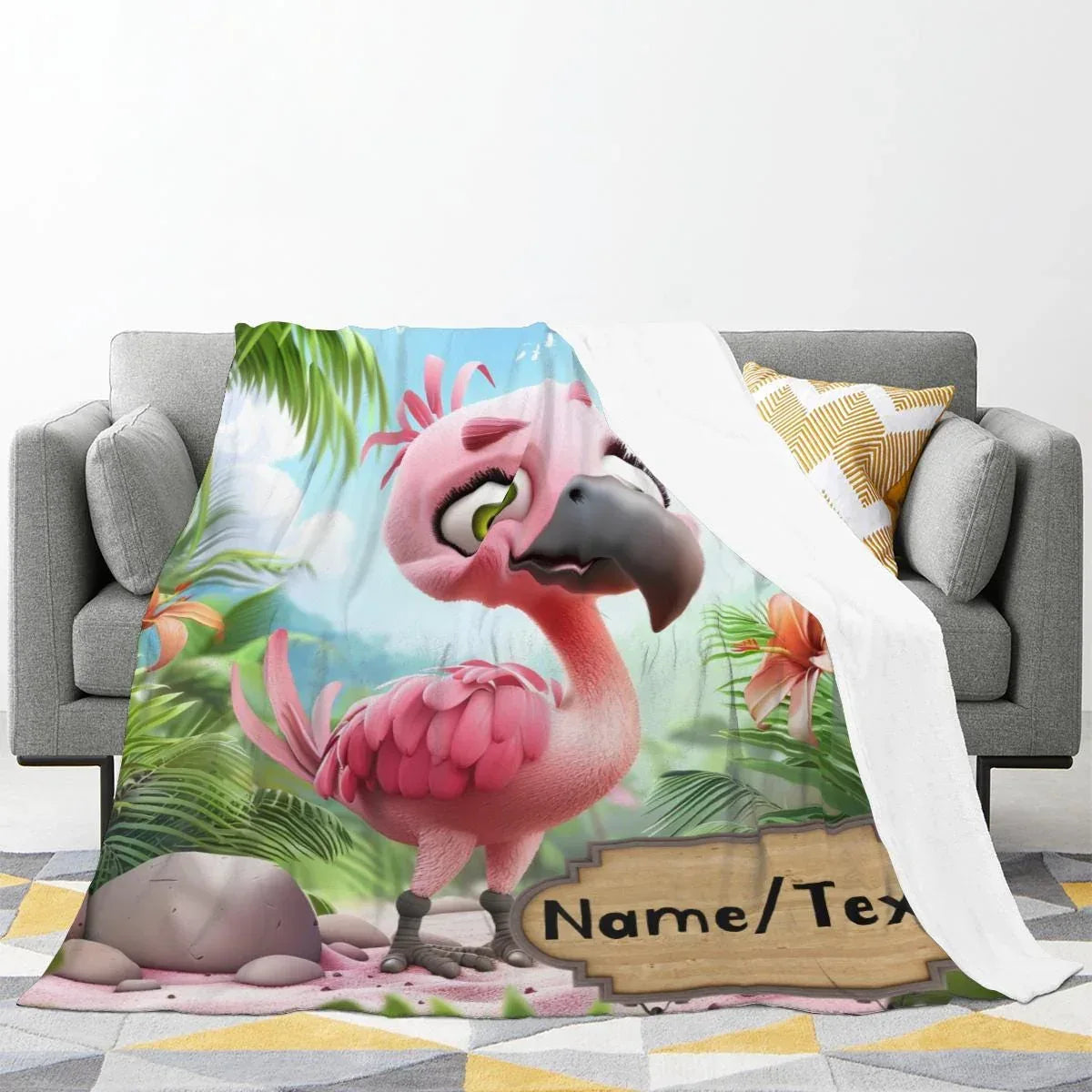 Personalized Flamingo Blanket, Cartoon Bird: Super Soft Name Gift, Pink and Green Bedroom Throw - Dream Dragons