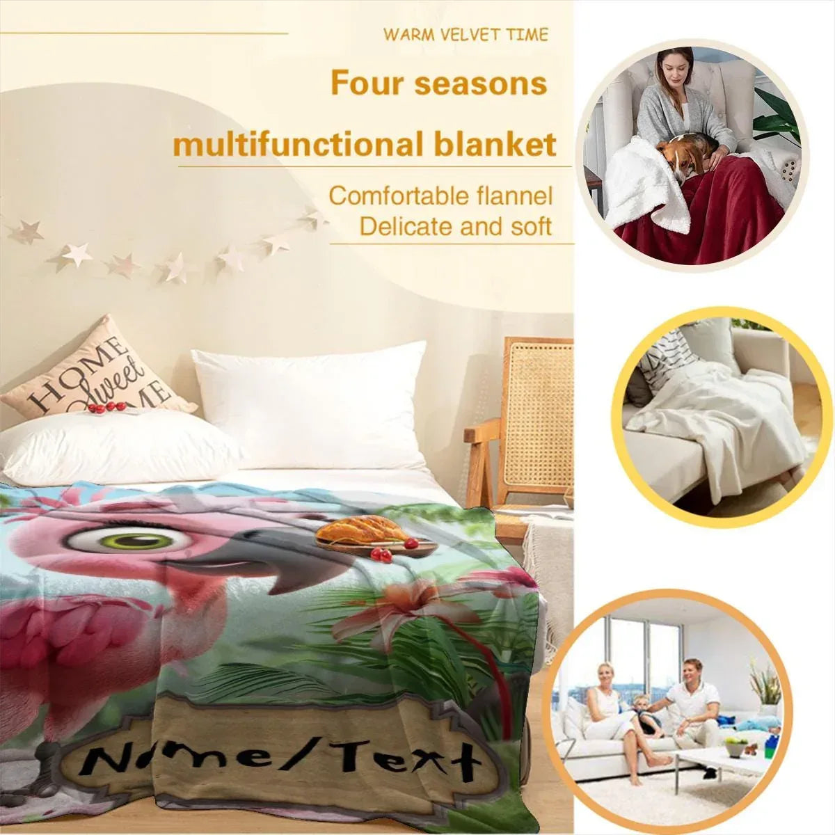 Personalized Flamingo Blanket, Cartoon Bird: Super Soft Name Gift, Pink and Green Bedroom Throw - Dream Dragons