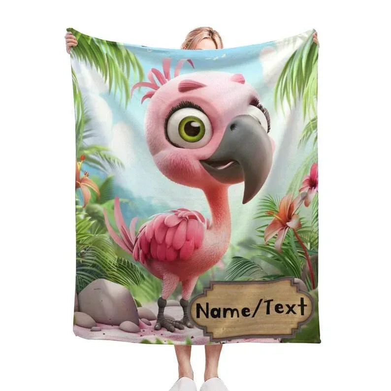 Personalized Flamingo Blanket, Cartoon Bird: Super Soft Name Gift, Pink and Green Bedroom Throw - Dream Dragons