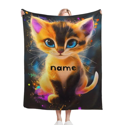 Personalized Starry-Eyed Kitten Blanket: Soft Flannel Fleece Cat Throw, Meow, Name Gift - Dream Dragons