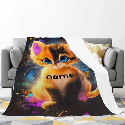 Personalized Starry-Eyed Kitten Blanket: Soft Flannel Fleece Cat Throw, Meow, Name Gift - Dream Dragons