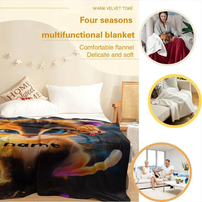 Personalized Starry-Eyed Kitten Blanket: Soft Flannel Fleece Cat Throw, Meow, Name Gift - Dream Dragons