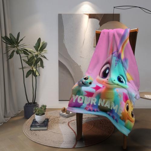 Personalized Dragon Blanket: Cartoon Flannel Fleece Dino Throw, Custom Name Gift - Dream Dragons
