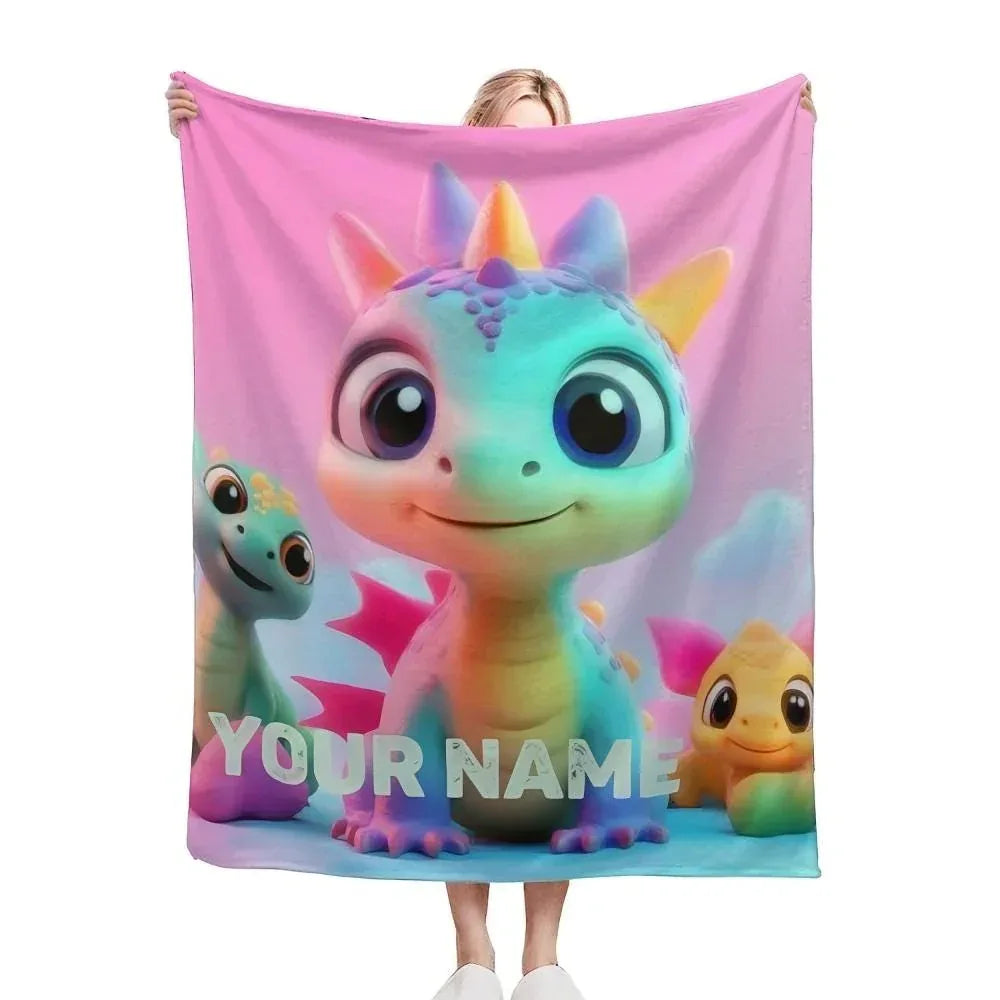 Personalized Dragon Blanket: Cartoon Flannel Fleece Dino Throw, Custom Name Gift - Dream Dragons