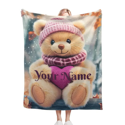 Personalized Snow Teddy Bear Plush Blanket: Flannel Fleece Snuggle Throw, Super Soft Name Gift - Dream Dragons