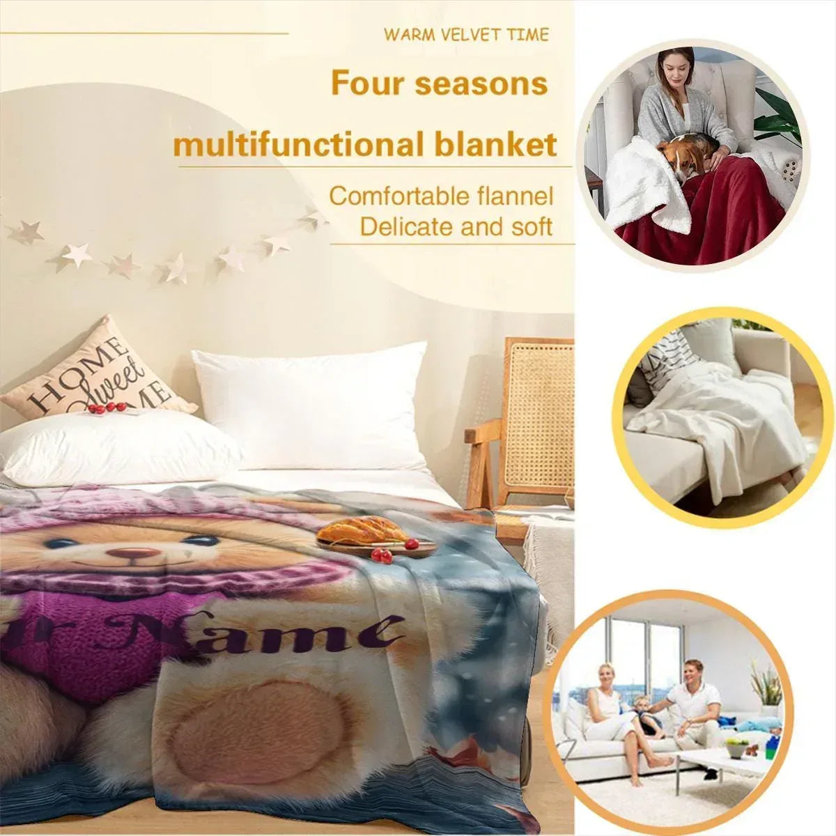 Personalized Snow Teddy Bear Plush Blanket: Flannel Fleece Snuggle Throw, Super Soft Name Gift - Dream Dragons