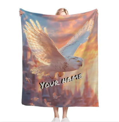Personalized Wizard Owl Flannel Blanket: Enchanted Castle Fleece Throw, Soft Custom Name Gift Bird - Dream Dragons