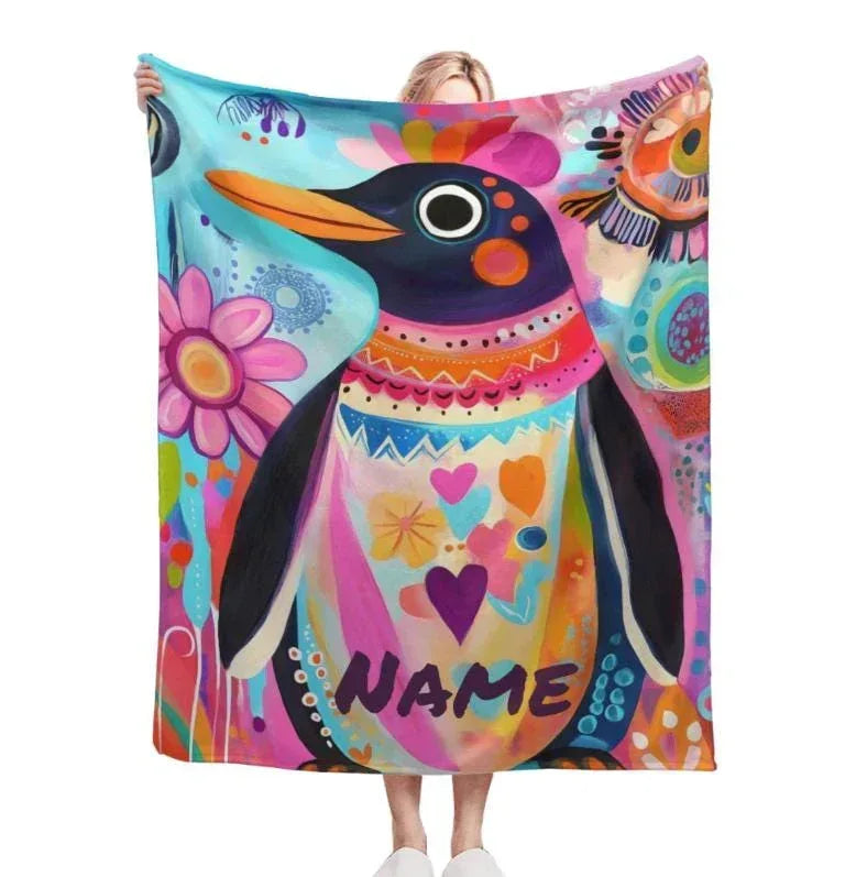 Personalized Penguin Blanket: Colorful Arctic Animal Happy Playful Flannel Fleece Throw, Soft Name Gift - Dream Dragons