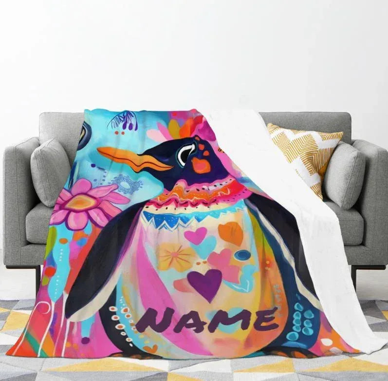 Personalized Penguin Blanket: Colorful Arctic Animal Happy Playful Flannel Fleece Throw, Soft Name Gift - Dream Dragons