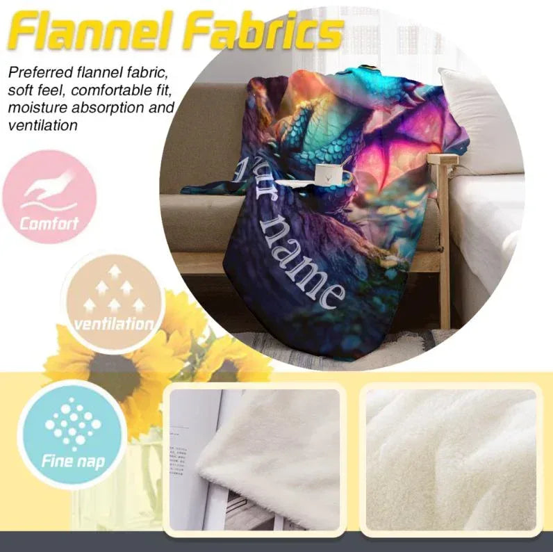 Personalized Dragon Blanket: Magical Flannel Fleece Throw, Super Soft Name Gift - Dream Dragons