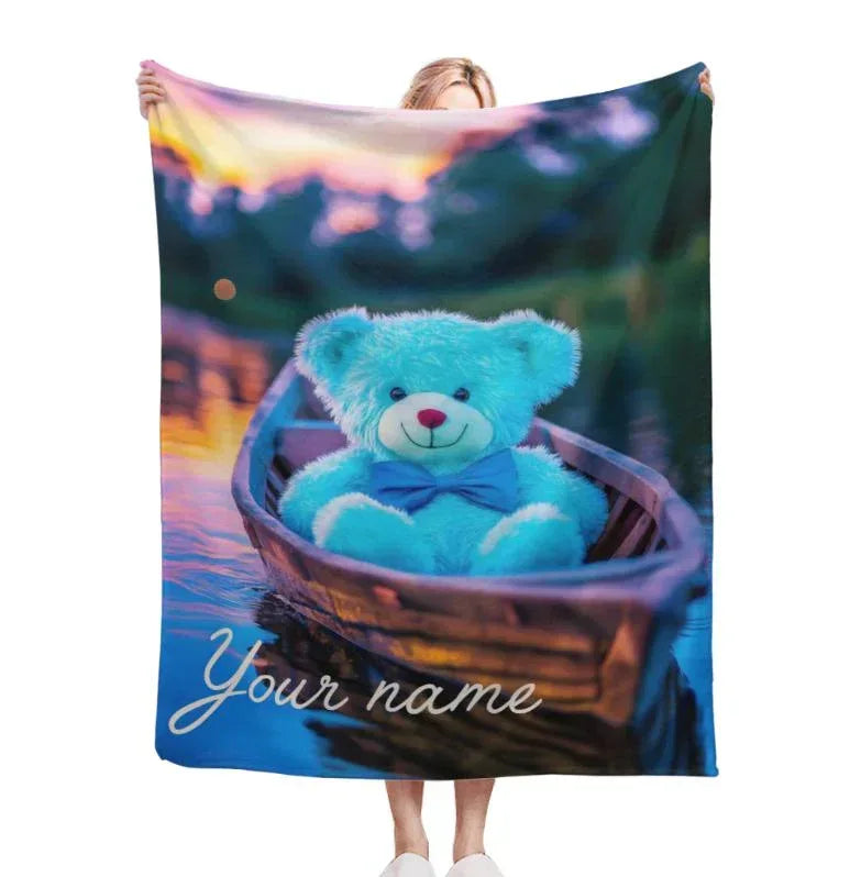 Personalized Twilight Teddy Bear Blanket: Dreamy Canoe Boat Adventure Throw, Soft Flannel Fleece - Dream Dragons