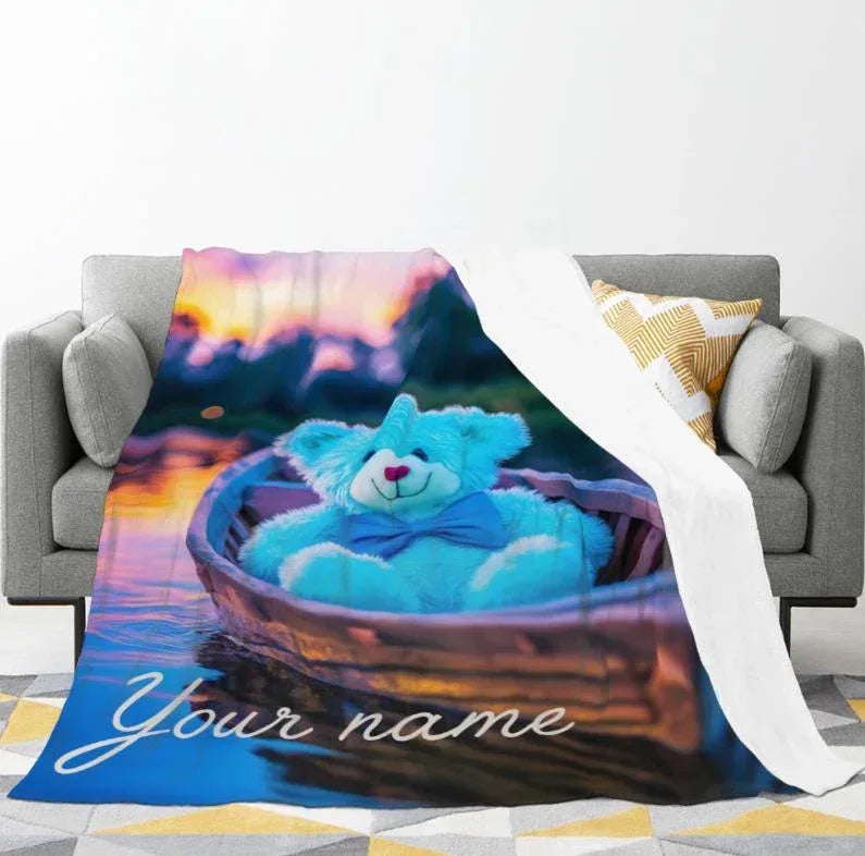 Personalized Twilight Teddy Bear Blanket: Dreamy Canoe Boat Adventure Throw, Soft Flannel Fleece - Dream Dragons