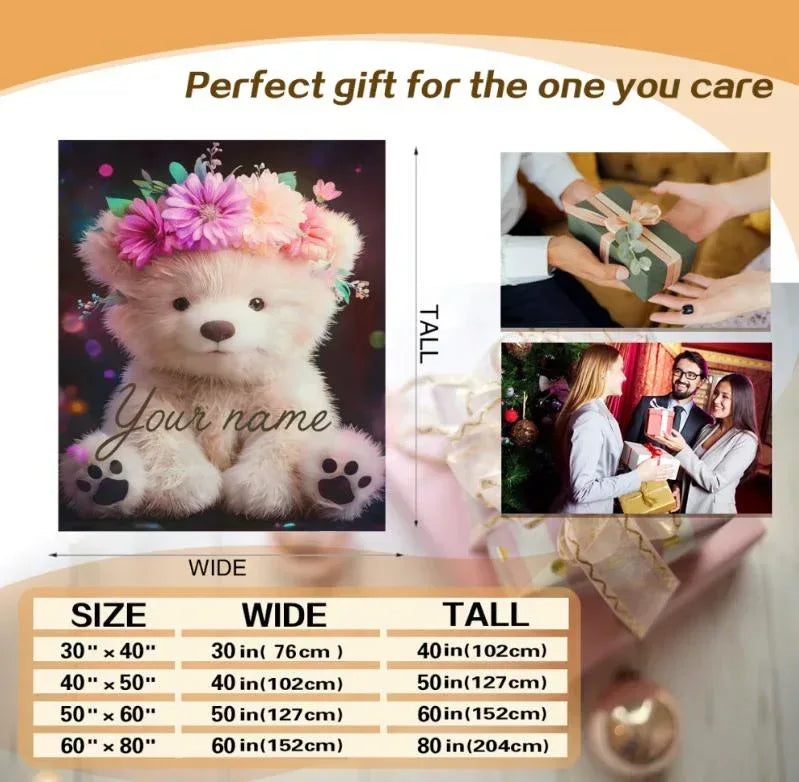 Personalized Teddy Bear Plush Blanket: Floral Crown, Soft Flannel Fleece Throw, Custom Name Gift - Dream Dragons