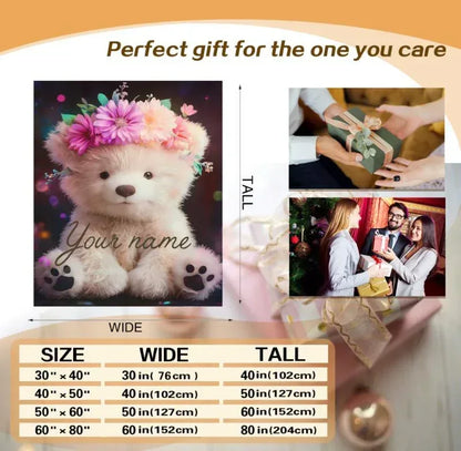 Personalized Teddy Bear Plush Blanket: Floral Crown, Soft Flannel Fleece Throw, Custom Name Gift - Dream Dragons