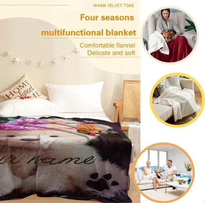 Personalized Teddy Bear Plush Blanket: Floral Crown, Soft Flannel Fleece Throw, Custom Name Gift - Dream Dragons