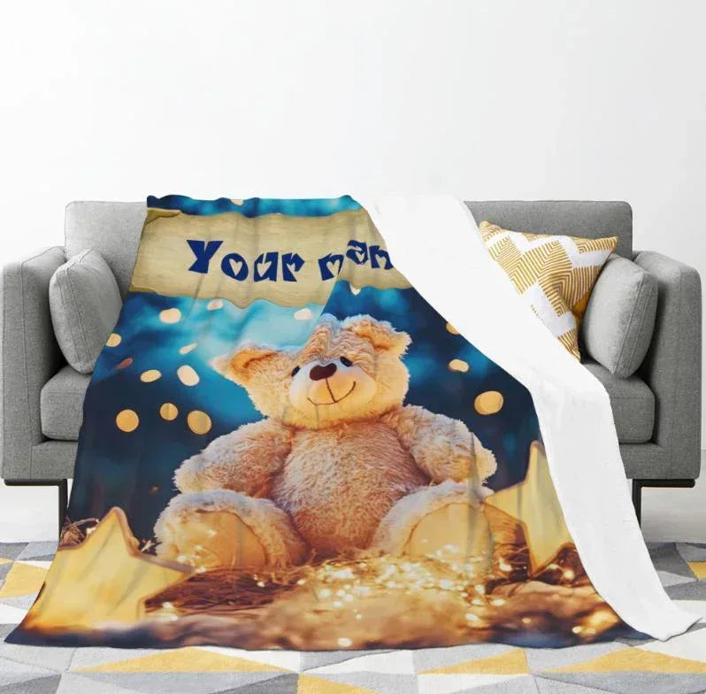 Personalized Teddy Bear Plush Blanket: Dreamy Stars, Flannel Fleece Throw, Super Soft Name Gift - Dream Dragons