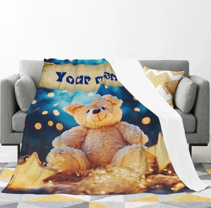 Personalized Teddy Bear Plush Blanket: Dreamy Stars, Flannel Fleece Throw, Super Soft Name Gift - Dream Dragons
