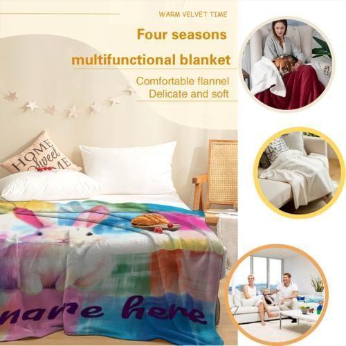 Personalized White Bunny Blanket: Rainbow Patchwork Microfiber Throw, Rabbit, Super Soft Name Gift - Dream Dragons