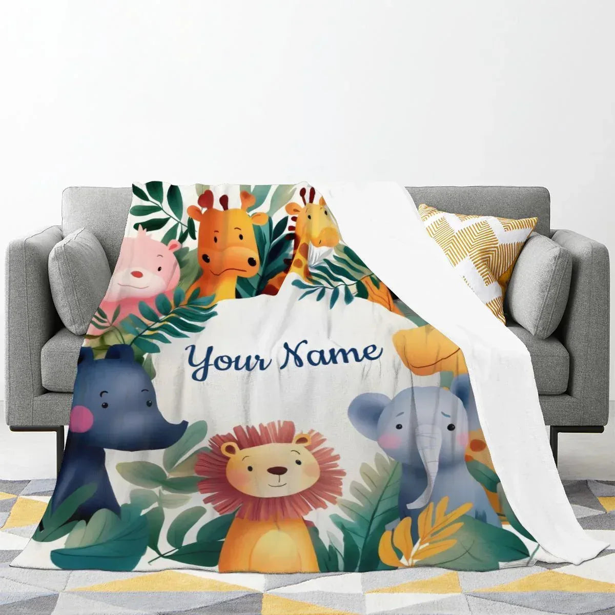 Personalized Safari Animal Blanket: Jungle Lion Elephant Giraffe Flannel Fleece Throw, Soft Name Gift - Dream Dragons