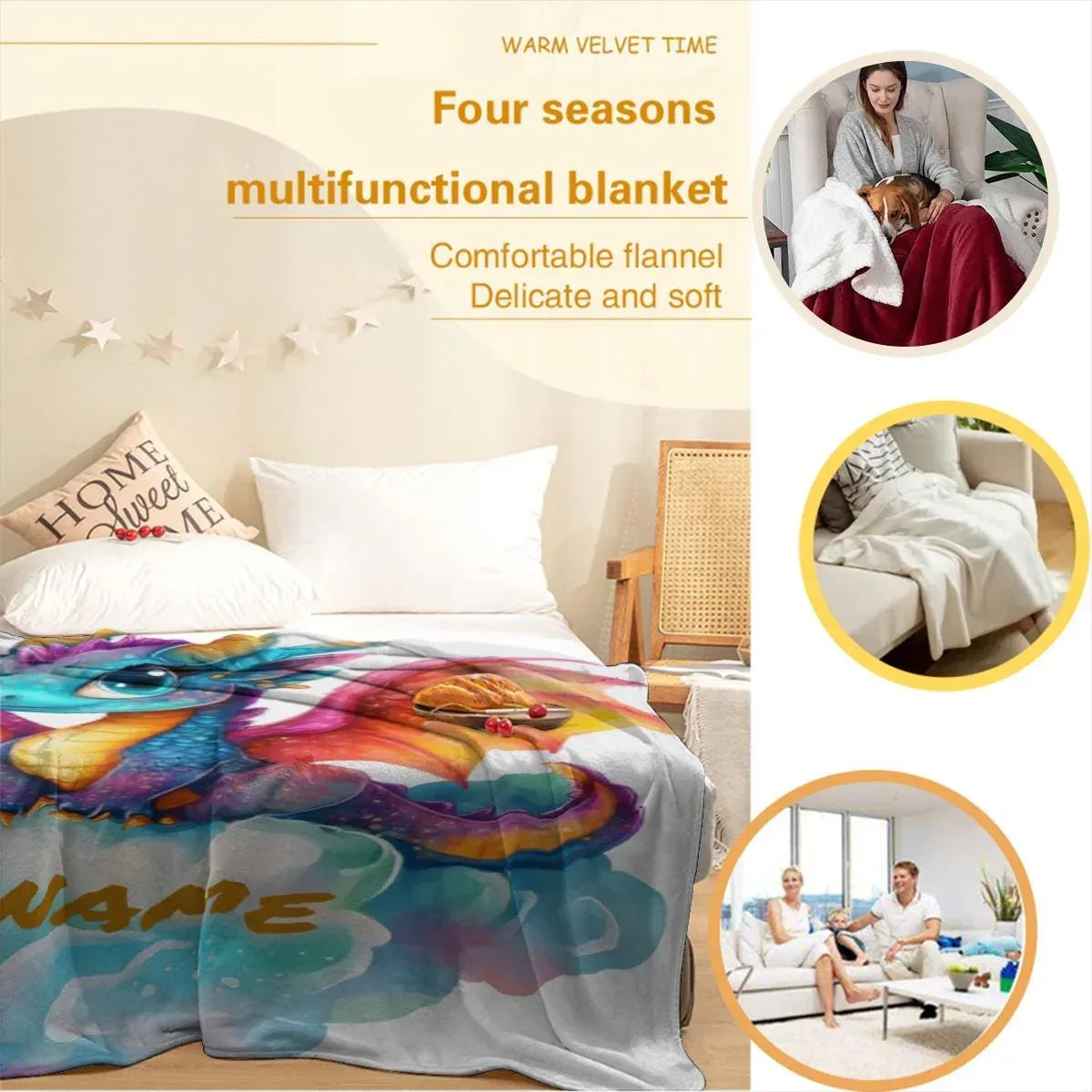 Personalized Girl Dragon Blanket: Soft Flannel Fleece Throw, Magical Name Gift - Dream Dragons