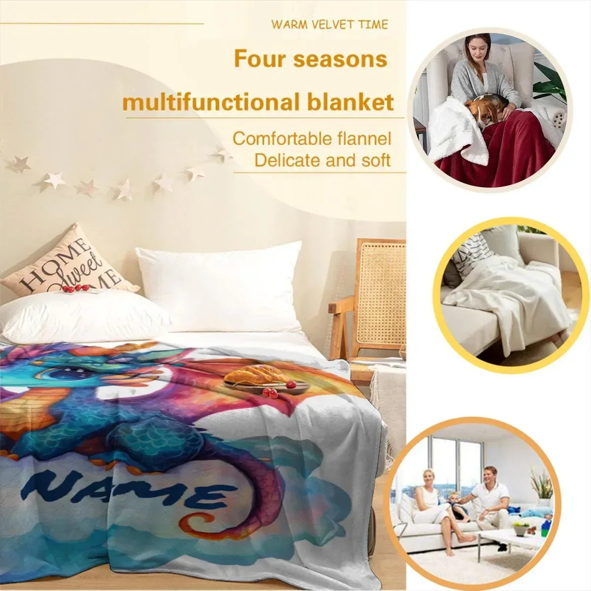 Personalized Dragon Blanket: Soft Flannel Fleece Dino Throw, Super Soft Name Gift - Dream Dragons