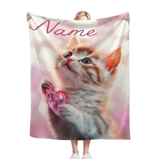 Personalized Kitten Blanket: Whimsical Heart Flannel Fleece Throw, Pink Kitty Cat Lover Gift - Dream Dragons