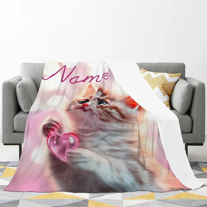 Personalized Kitten Blanket: Whimsical Heart Flannel Fleece Throw, Pink Kitty Cat Lover Gift - Dream Dragons