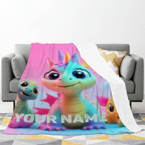 Personalized Dragon Blanket: Cartoon Flannel Fleece Dino Throw, Custom Name Gift - Dream Dragons