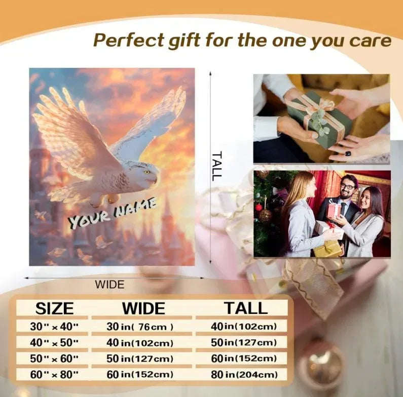 Personalized Wizard Owl Flannel Blanket: Enchanted Castle Fleece Throw, Soft Custom Name Gift Bird - Dream Dragons