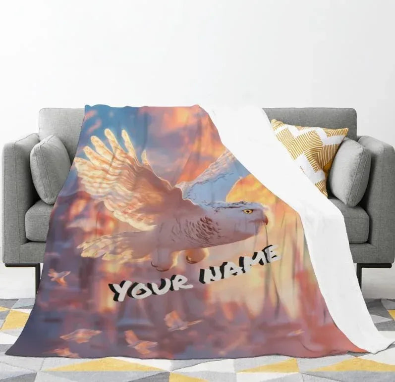 Personalized Wizard Owl Flannel Blanket: Enchanted Castle Fleece Throw, Soft Custom Name Gift Bird - Dream Dragons
