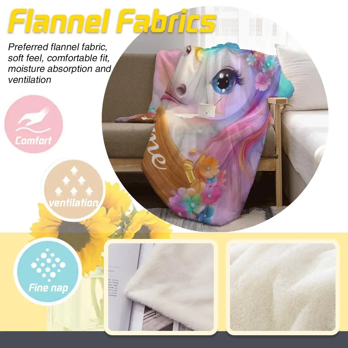 Personalized Unicorn Blanket: Rainbow Pink White Bedroom - Soft Flannel Fleece Throw, Name Gift - Dream Dragons